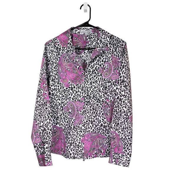 Foxcroft Women's Shirt Button Up White Black Animal Print Paisley Blouse Top 16 - Picture 1 of 9
